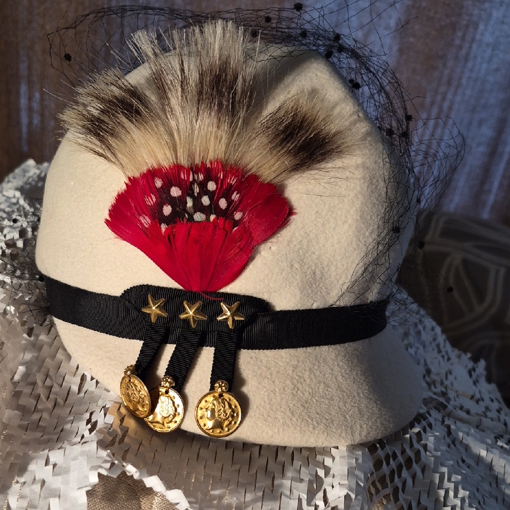 Vintage Adolfo Cream Hat with Red Feather and Gold Accents